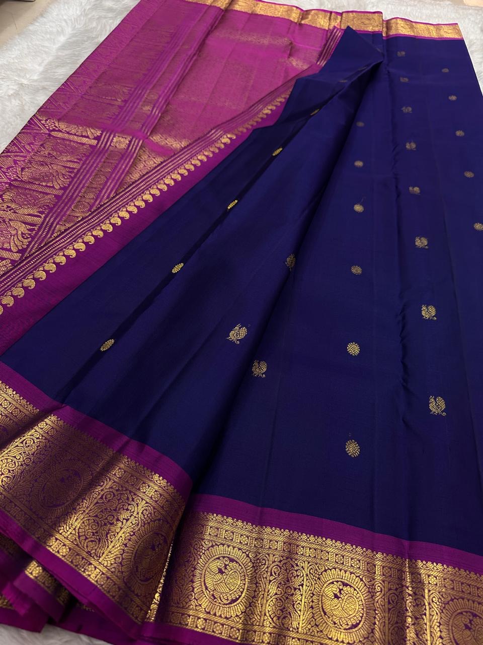 Midnight Indigo pure silk body with violet undertone and scattered antique-gold zari buttas.
