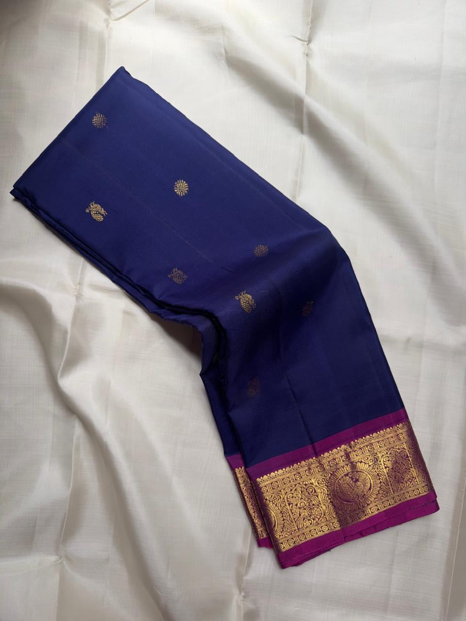 Midnight Indigo Vintage Pure Silk KanchiPattu saree with Vadamalli magenta-purple border and antique-gold zari.