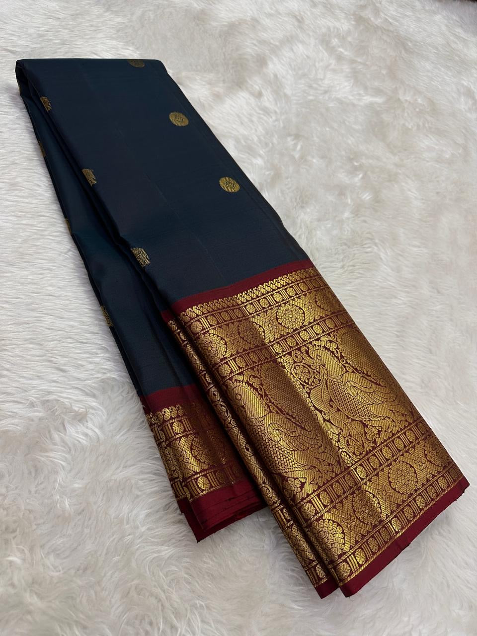Midnight Navy Blue Kanchipuram Silk Saree with Korvai Mayil Border