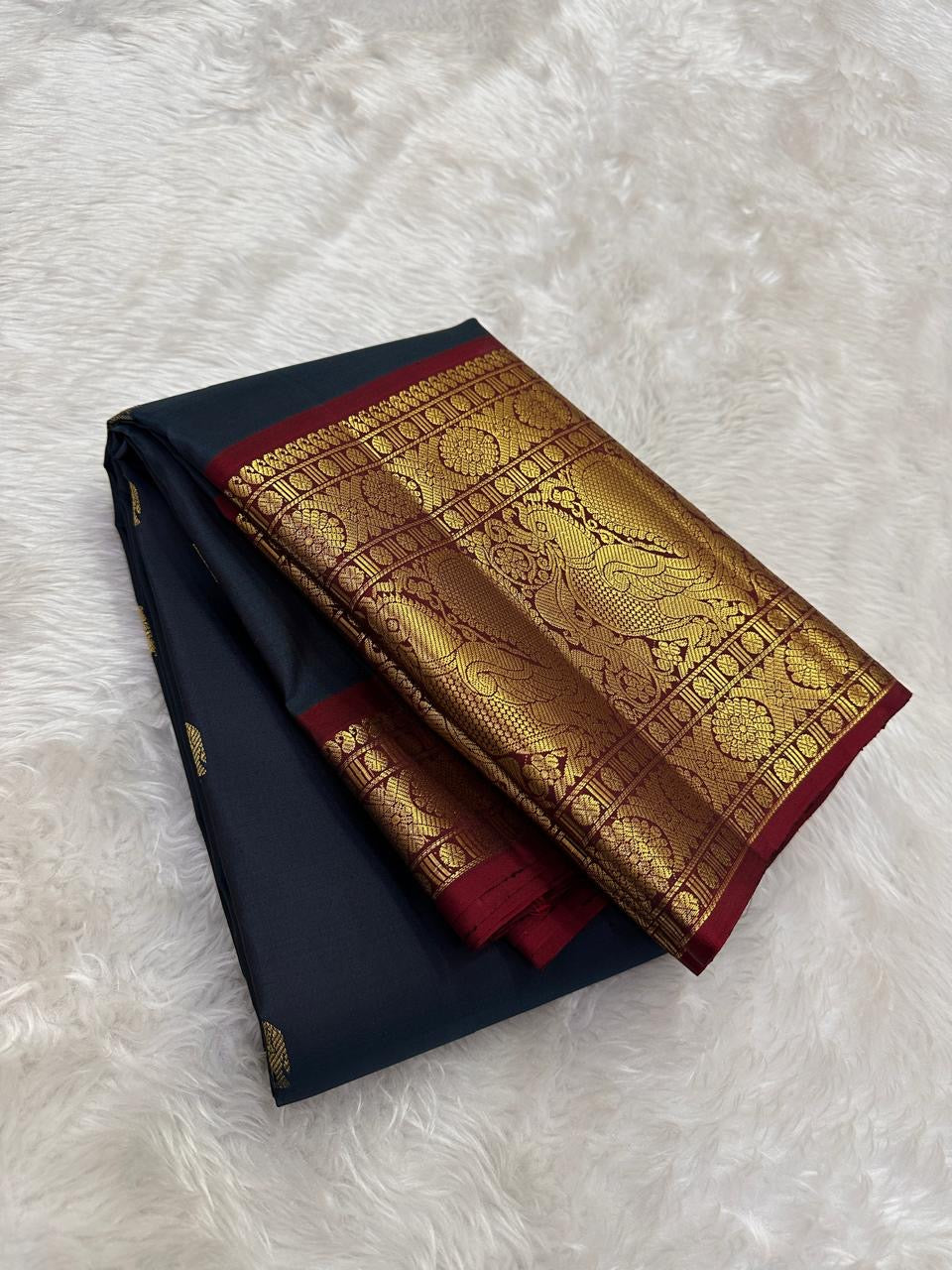 Midnight Navy Blue Kanchipuram Silk Saree with Korvai Mayil Border