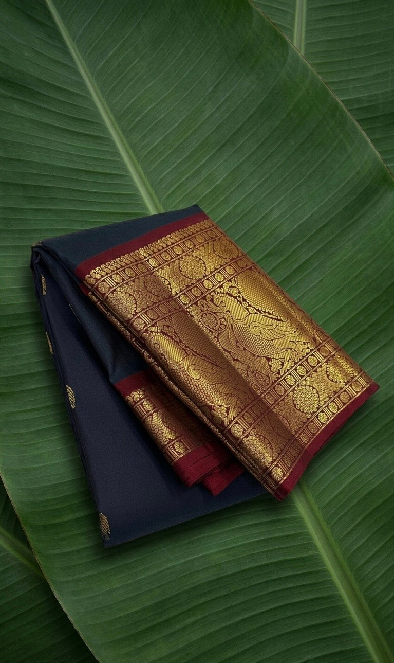 Midnight Navy Blue Kanchipuram Silk Saree with Korvai Mayil Border