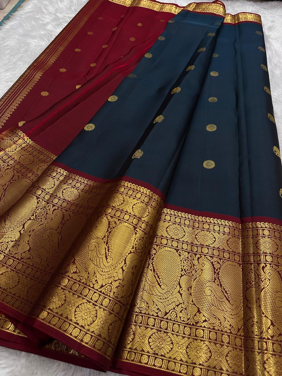 Midnight Navy Blue Kanchipuram Silk Saree with Korvai Mayil Border