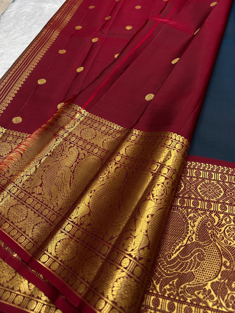 Midnight Navy Blue Kanchipuram Silk Saree with Korvai Mayil Border