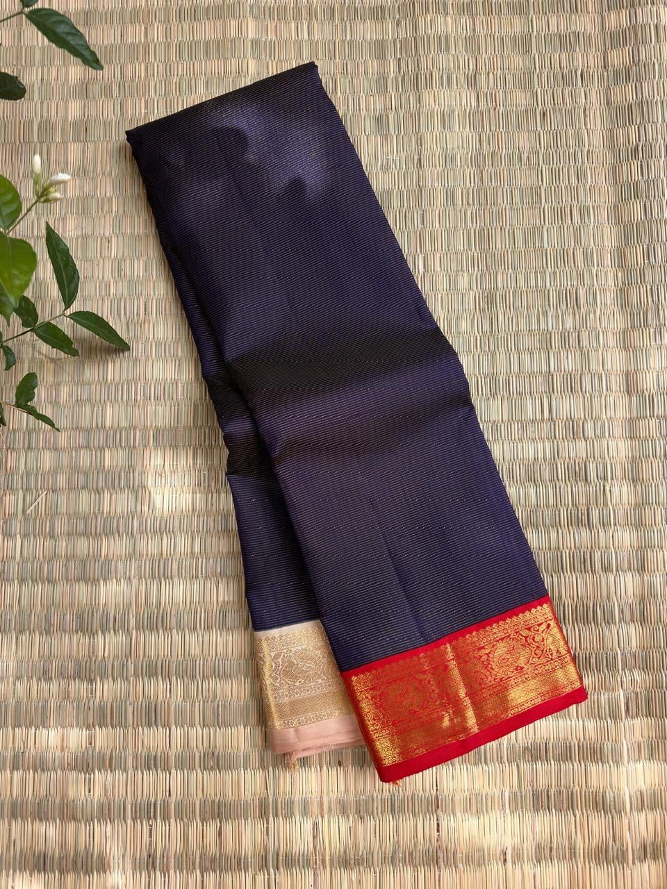 Midnight Navy Kancheepuram silk saree draped, full length view — Idam Living
