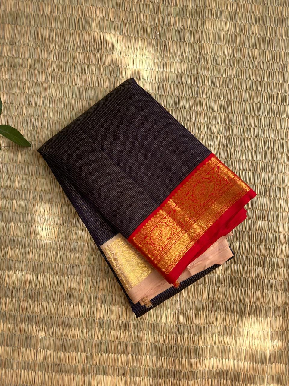 Midnight Navy Kancheepuram silk saree, border close-up detail — Idam Living