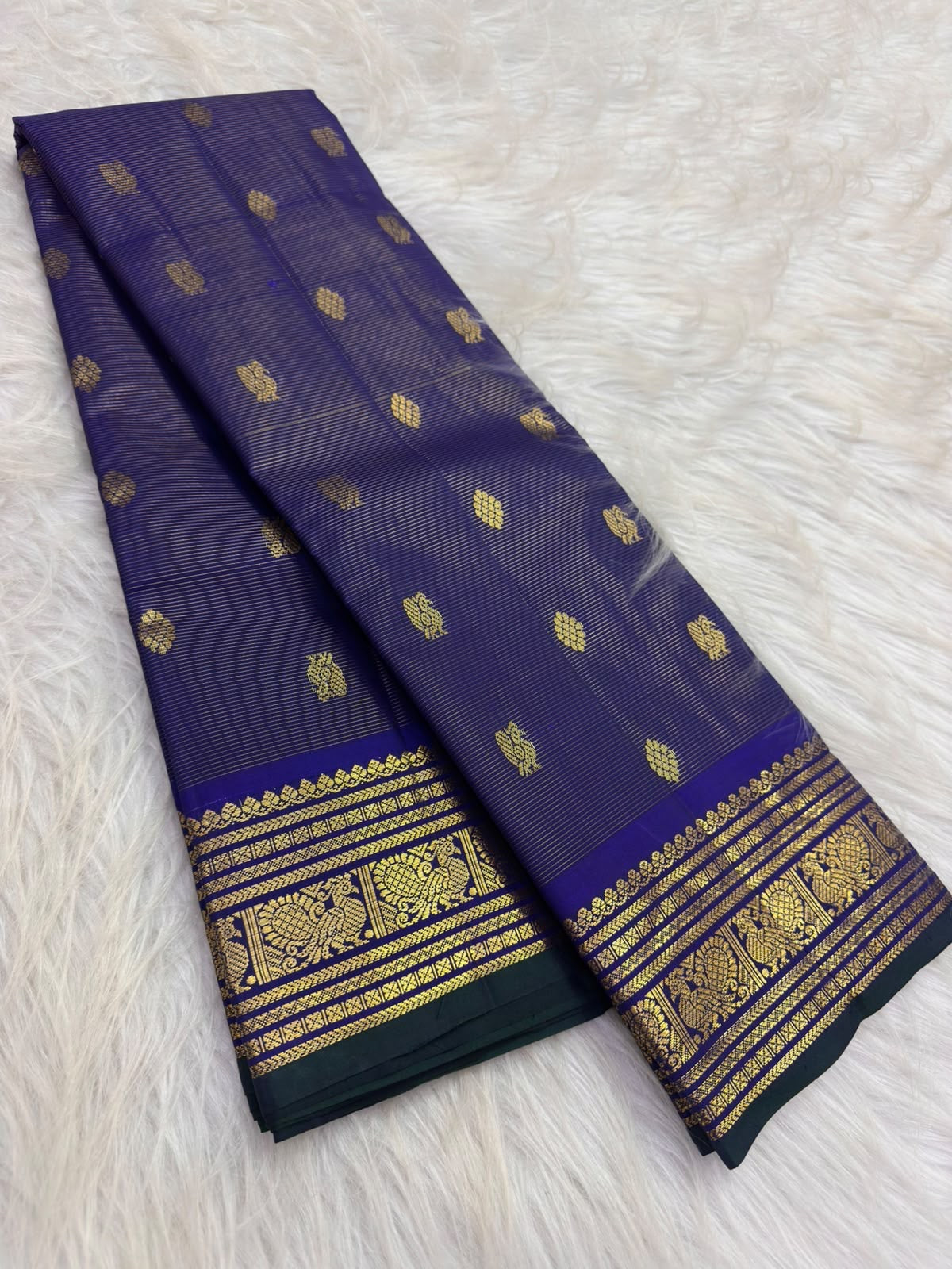 Midnight navy Lightweight Kancheepuram saree with ivory border