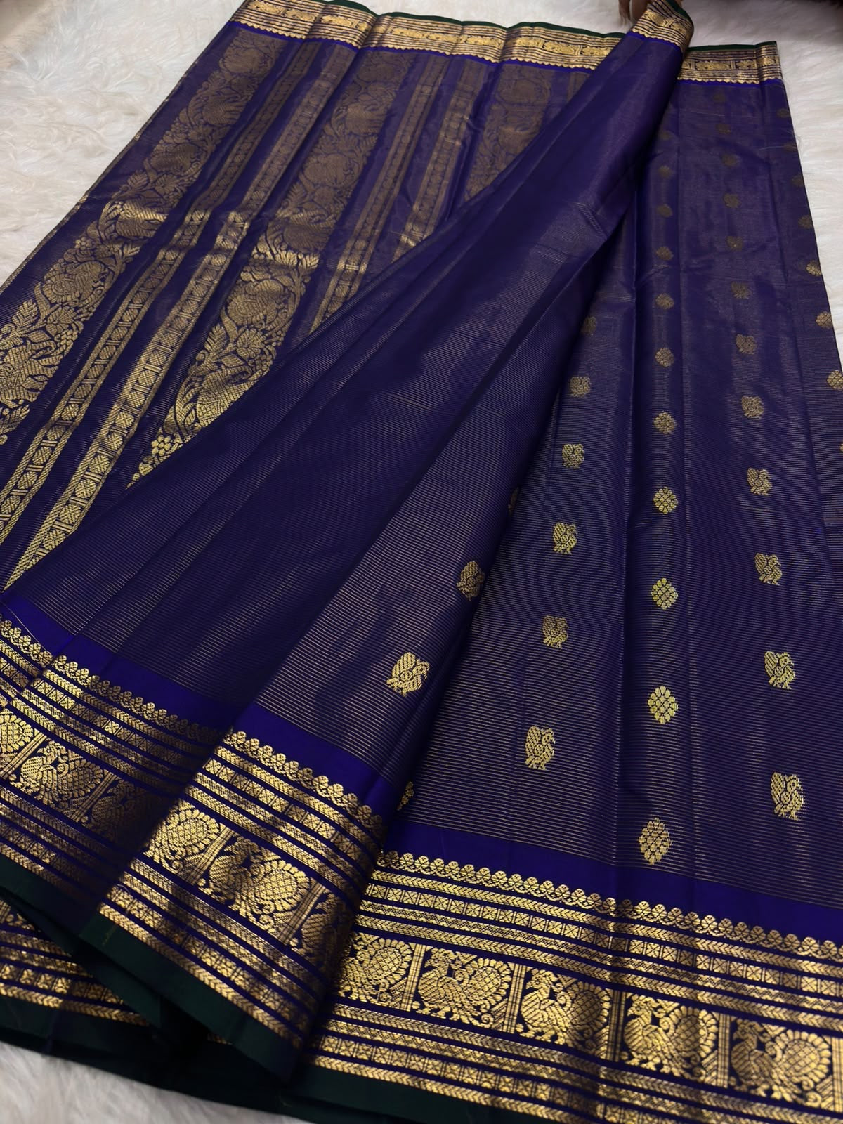 Midnight blue Kanjivaram saree with ivory border