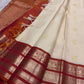 Milk White and Arakku Red Handwoven Pure Silk Kancheepuram Saree with Mayil Chakram Zari Butta and Varisaipet Border