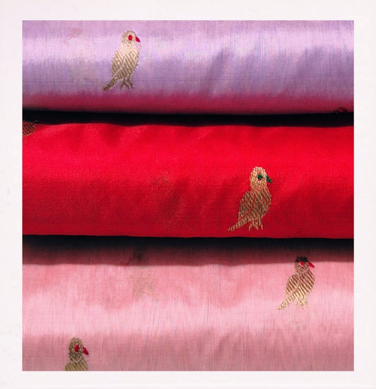 Minakari parrot motif woven in gold on red Pattu Silk Chanderi