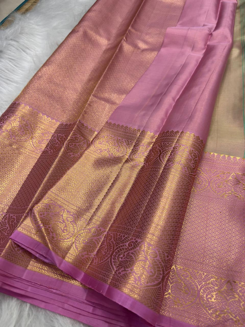 Mint Green Handwoven Pure Silk Kanjivaram Korvai Saree with Dusty Rose Border