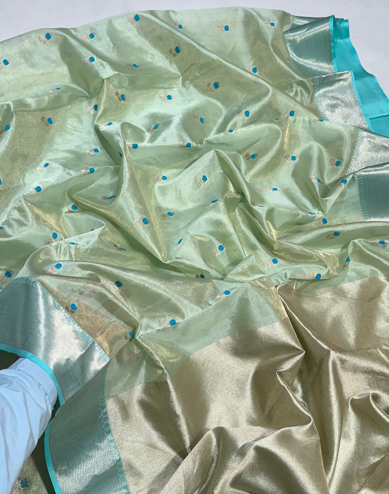 Folded view of Mint Silk Pure Silk Chanderi Saree with Antique Gold Border