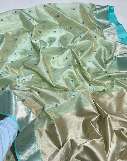 Folded view of Mint Silk Pure Silk Chanderi Saree with Antique Gold Border