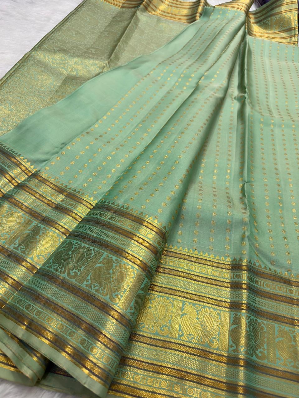 Mint Green Kanjeevaram Butta saree front overview — Idam Living