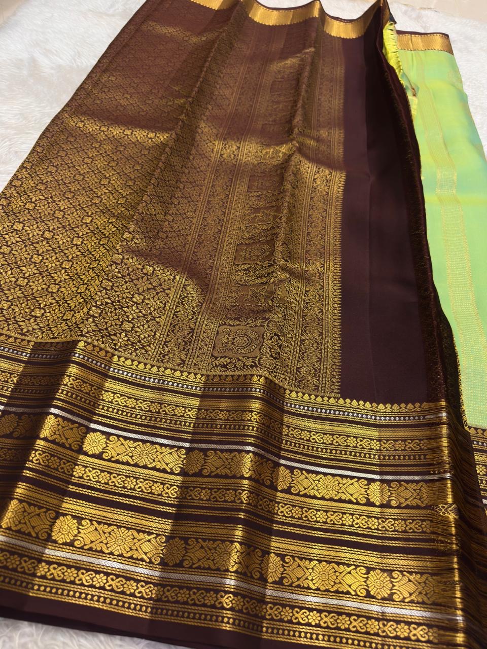 Silver zari accent border detail on mint green Kancheepuram pure silk saree — Idam Living
