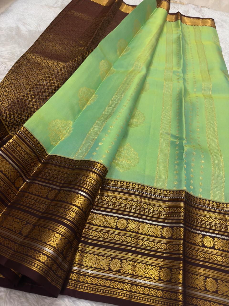 All-over gold zari chedi butta jaal body on mint green Kanchipuram pure silk saree — Idam Living