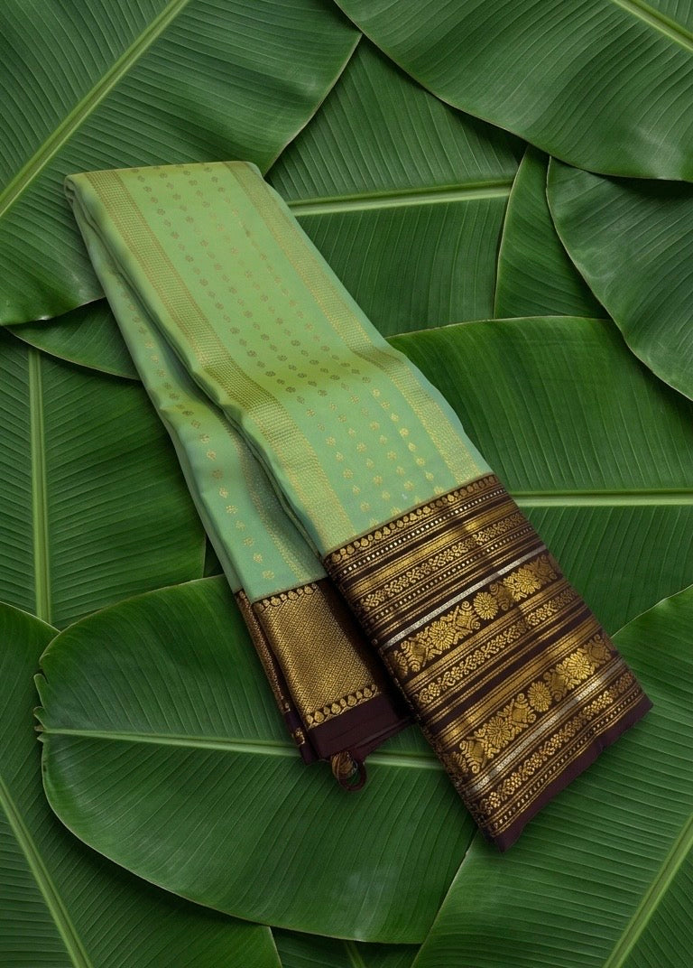 Mint green handwoven Kancheepuram pure silk saree with all-over gold zari butta jaal and maroon varisaipet border — Idam Living