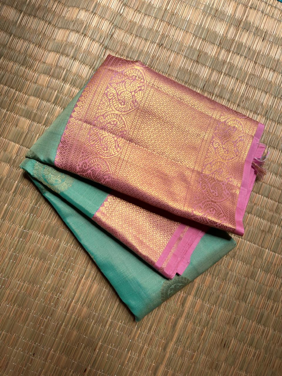 Mint Green Handwoven Pure Silk Kanjivaram Korvai Saree with Dusty Rose Border