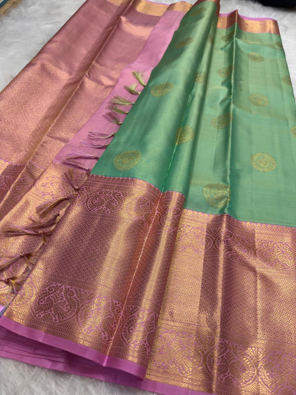 Mint Green Handwoven Pure Silk Kanjivaram Korvai Saree with Dusty Rose Border
