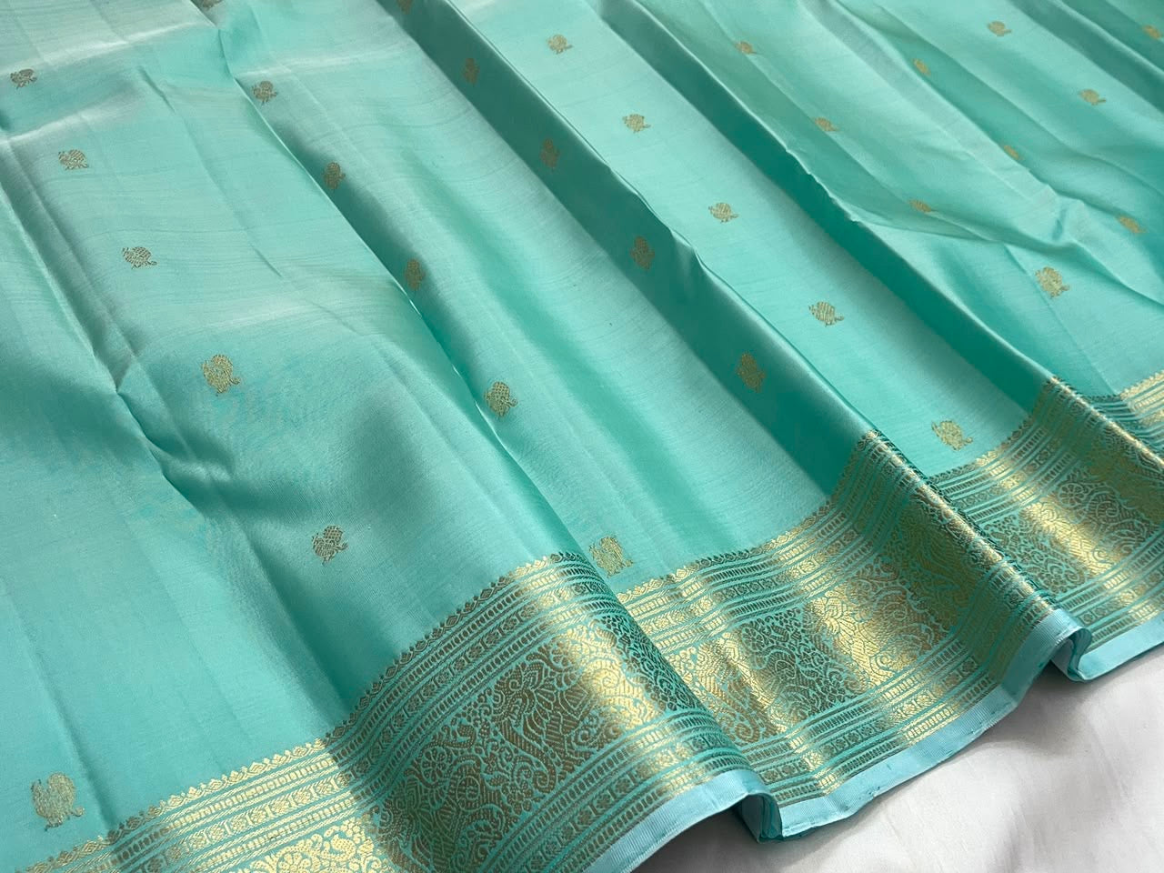 Misty Aqua Blue Kanjeevaram silk saree, body weave texture close-up — Idam Living
