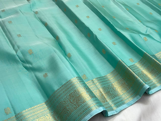 Misty Aqua Blue Kanjeevaram silk saree, body weave texture close-up — Idam Living