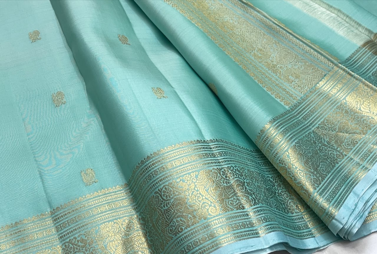Misty Aqua Blue Kanjeevaram silk saree, border close-up detail — Idam Living