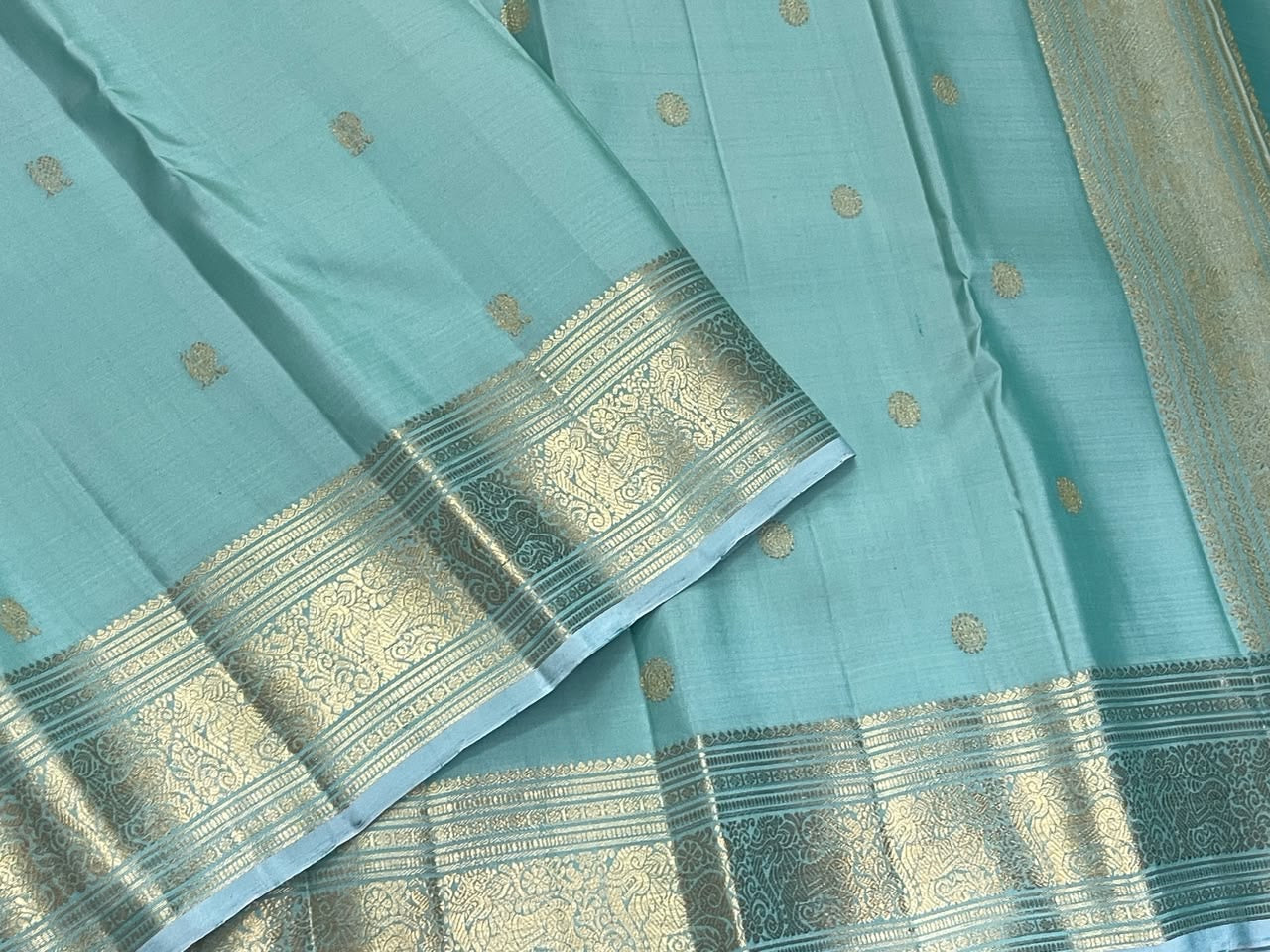 Misty Aqua Blue Kanjeevaram silk saree — full front view, butta weave — Idam Living