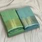 Misty Aqua Blue Kanjeevaram silk saree draped, full length view — Idam Living