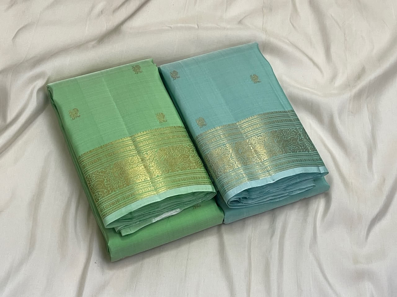 Misty Aqua Blue Kanjeevaram silk saree draped, full length view — Idam Living