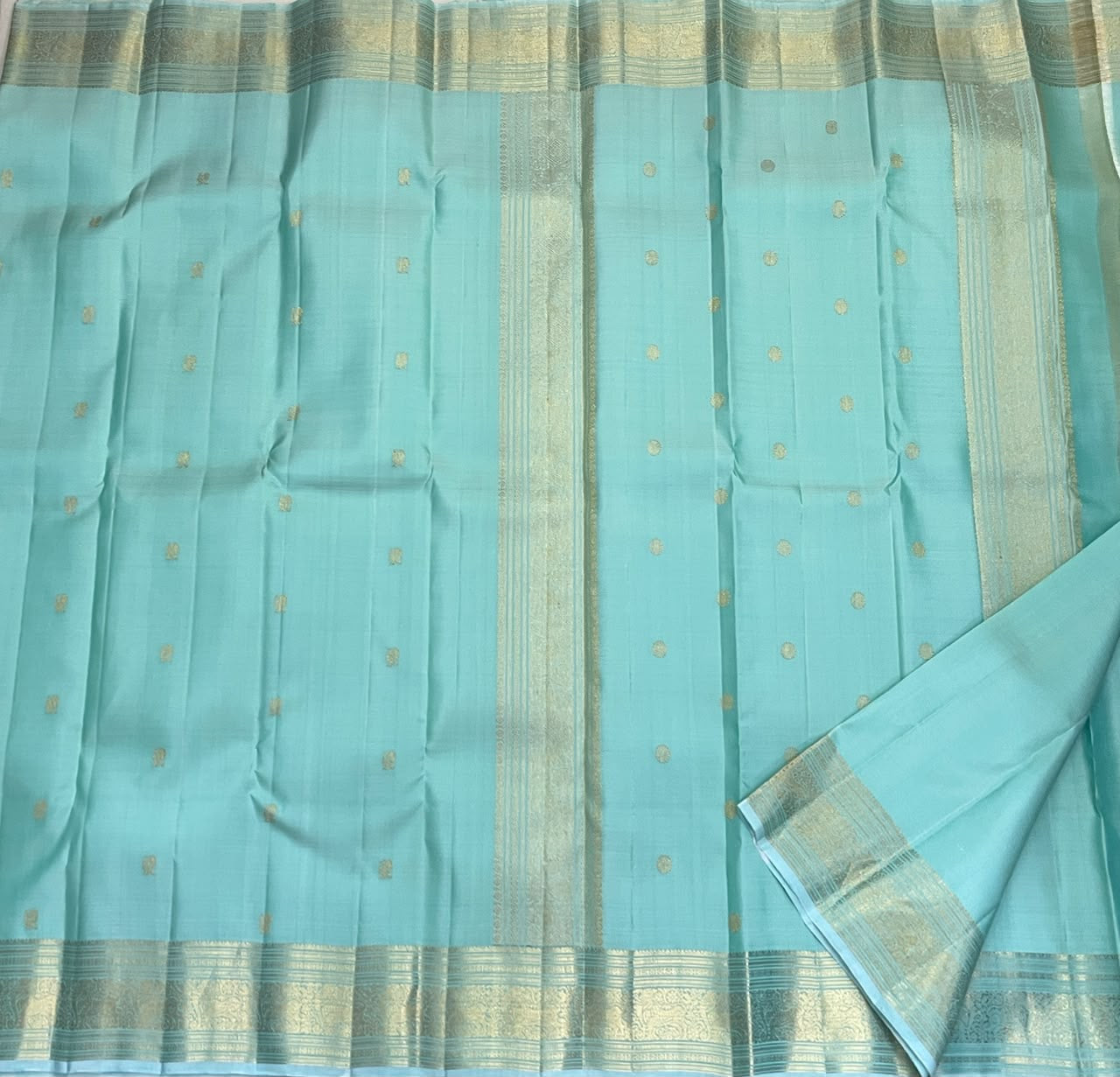 Misty Aqua Blue Kanjeevaram silk saree, gold zari butta motif close-up — Idam Living