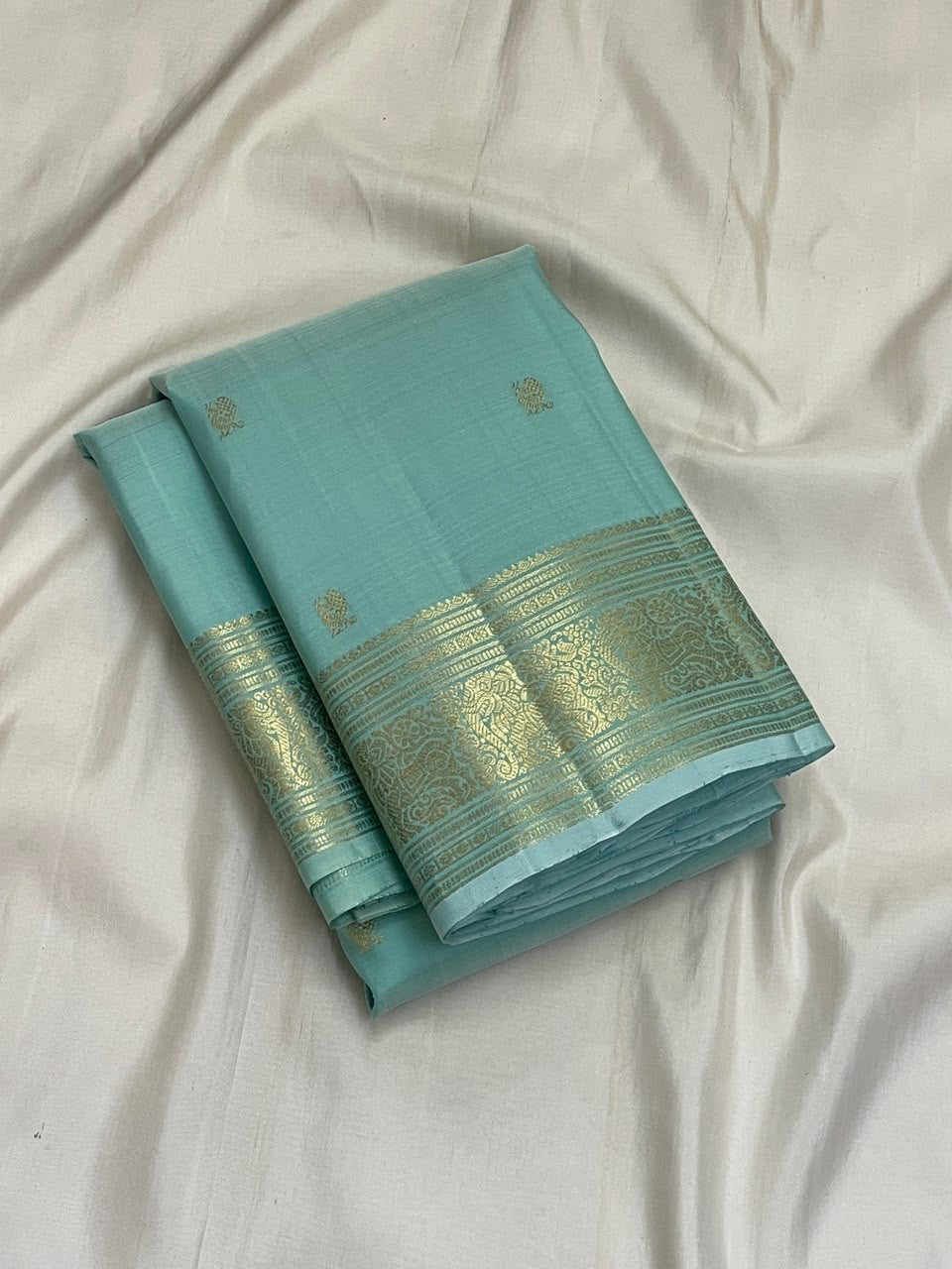 Misty Aqua Blue Kanjeevaram silk saree, pallu detail — Idam Living