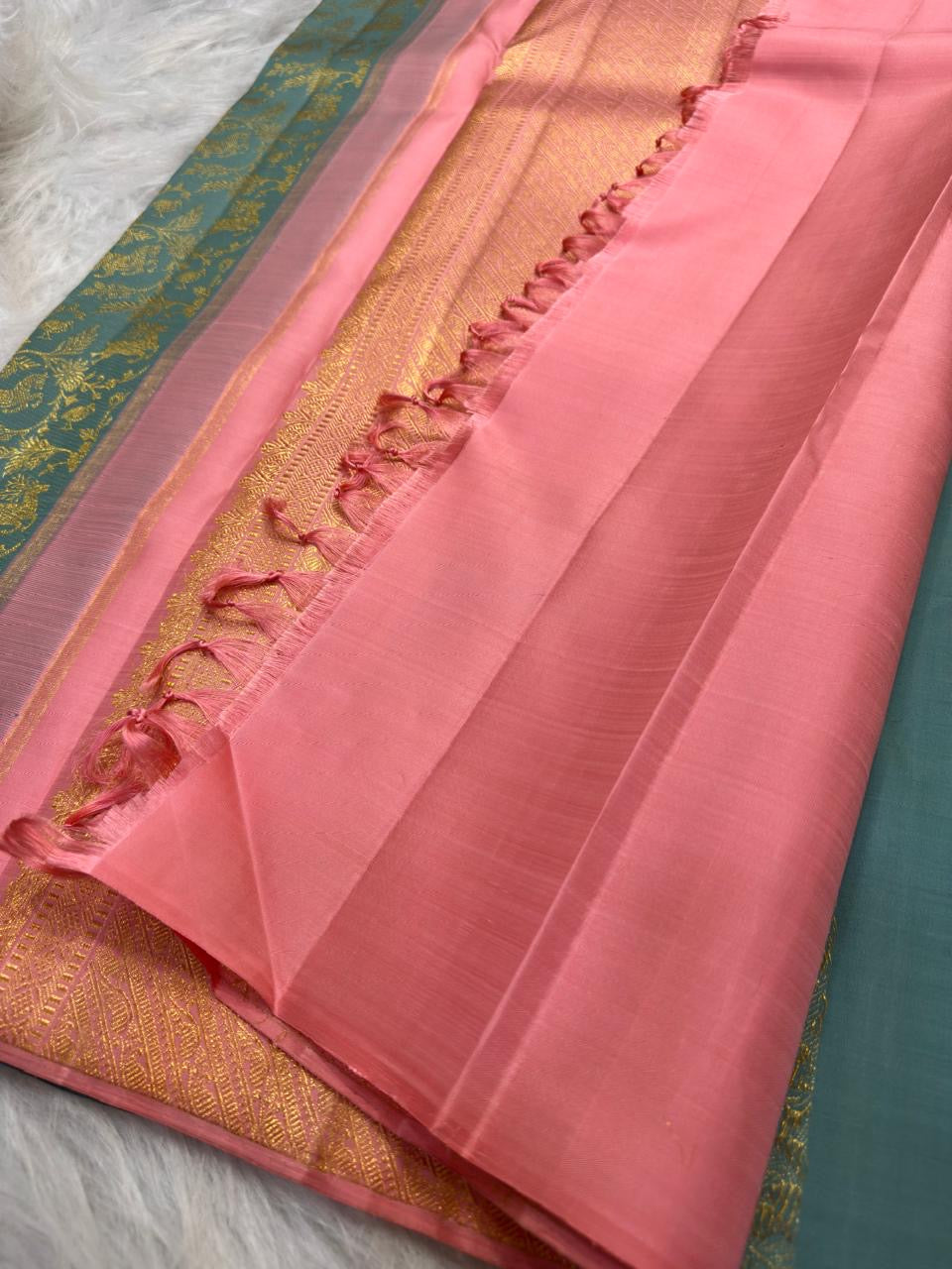 Aqua borderless pure silk Kancheepuram Vanasringaram saree, full drape — Idam Living