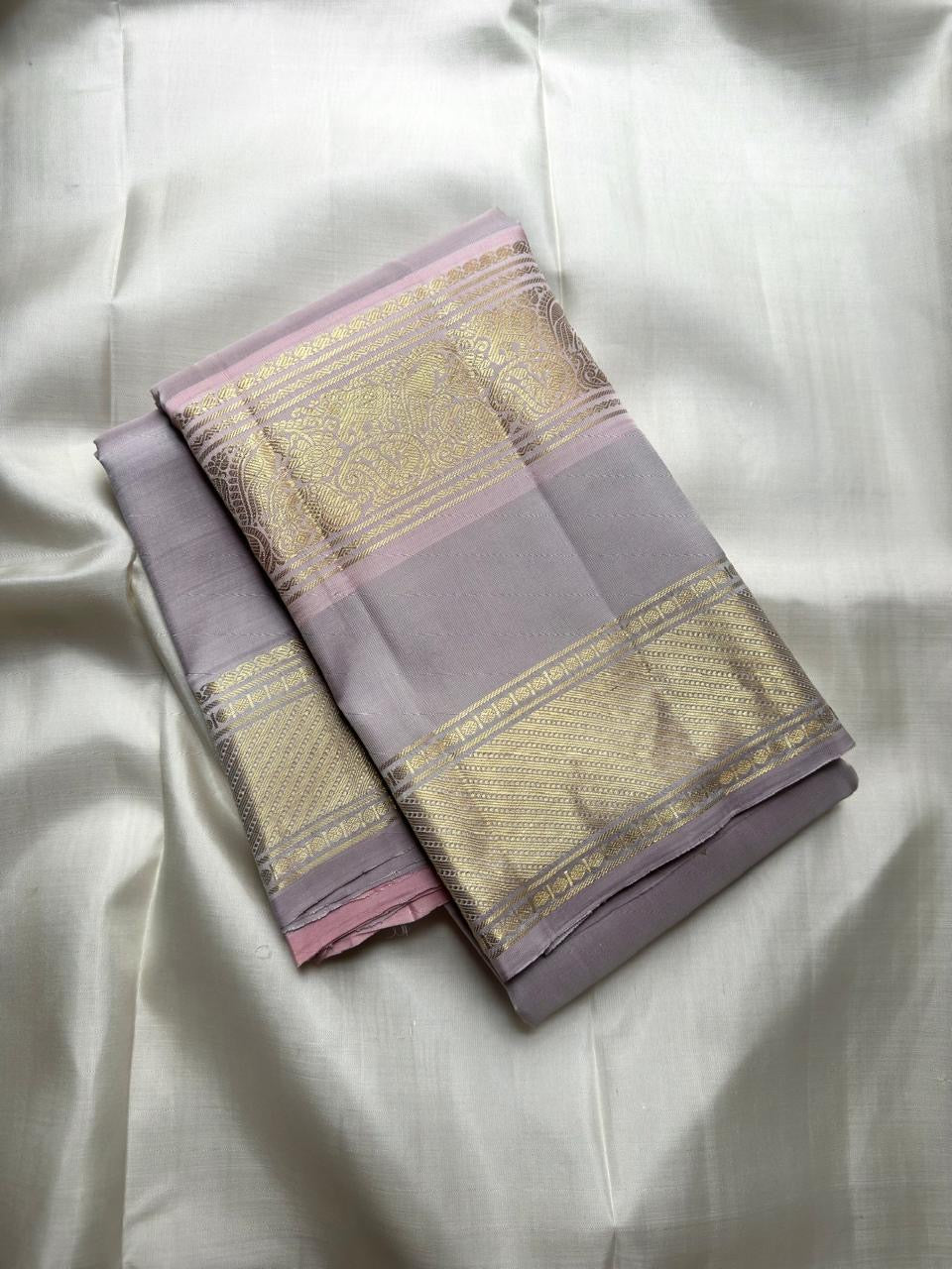 Misty Lavender-Grey Handwoven Pure Silk Kanchipuram Saree with Blush-Pink Rettapet Border and Gold Zari Buttas