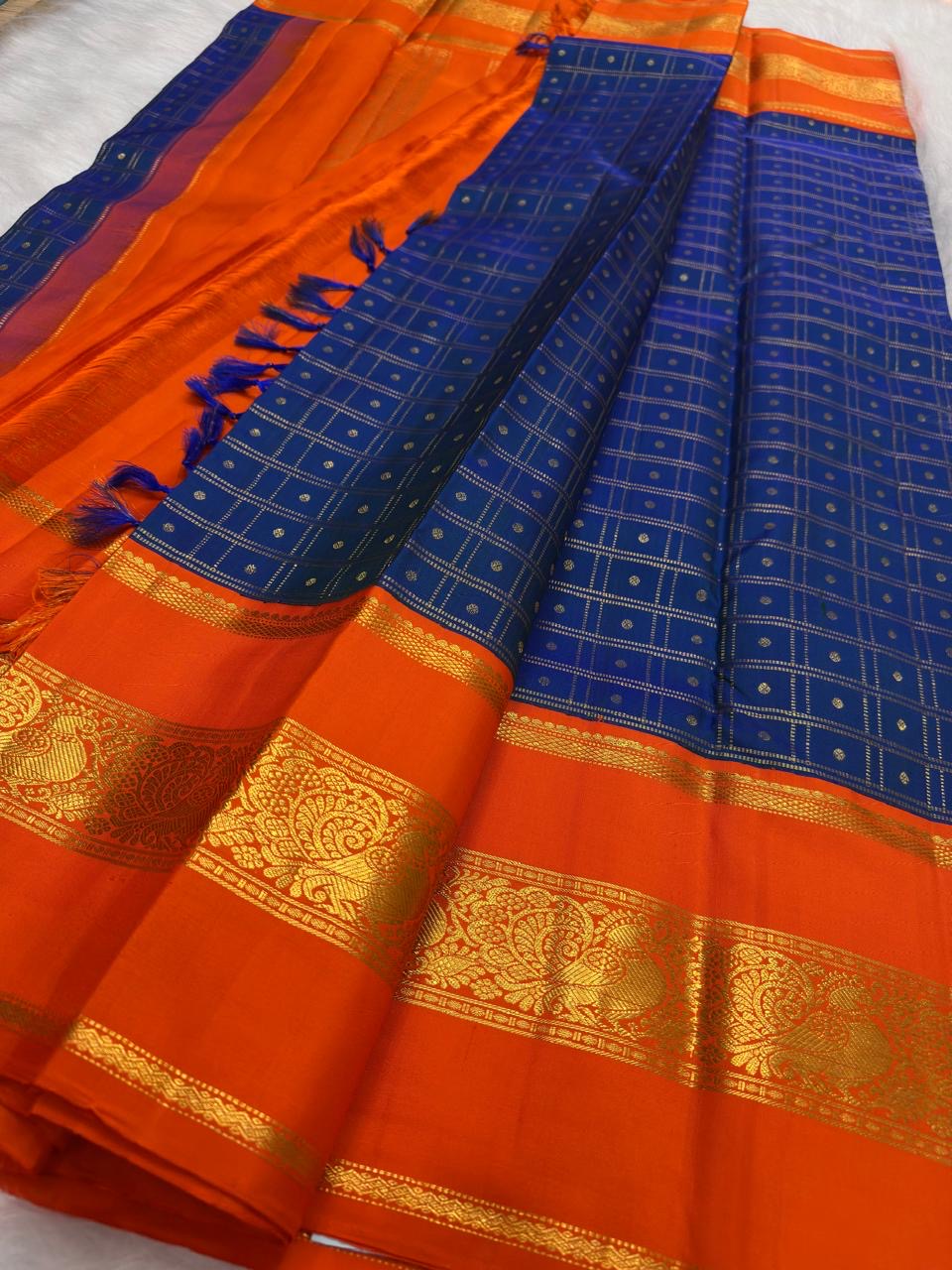 Ms blue kanchipuram silk fine zari kattam buttas – Idam Living Pure Silk Kanchipuram saree