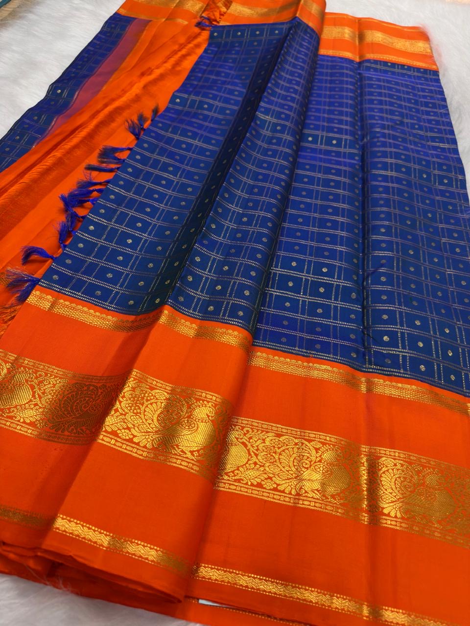 Ms blue kanchipuram zari kattam saree kanakambaram border – Idam Living Pure Silk Kanchipuram saree