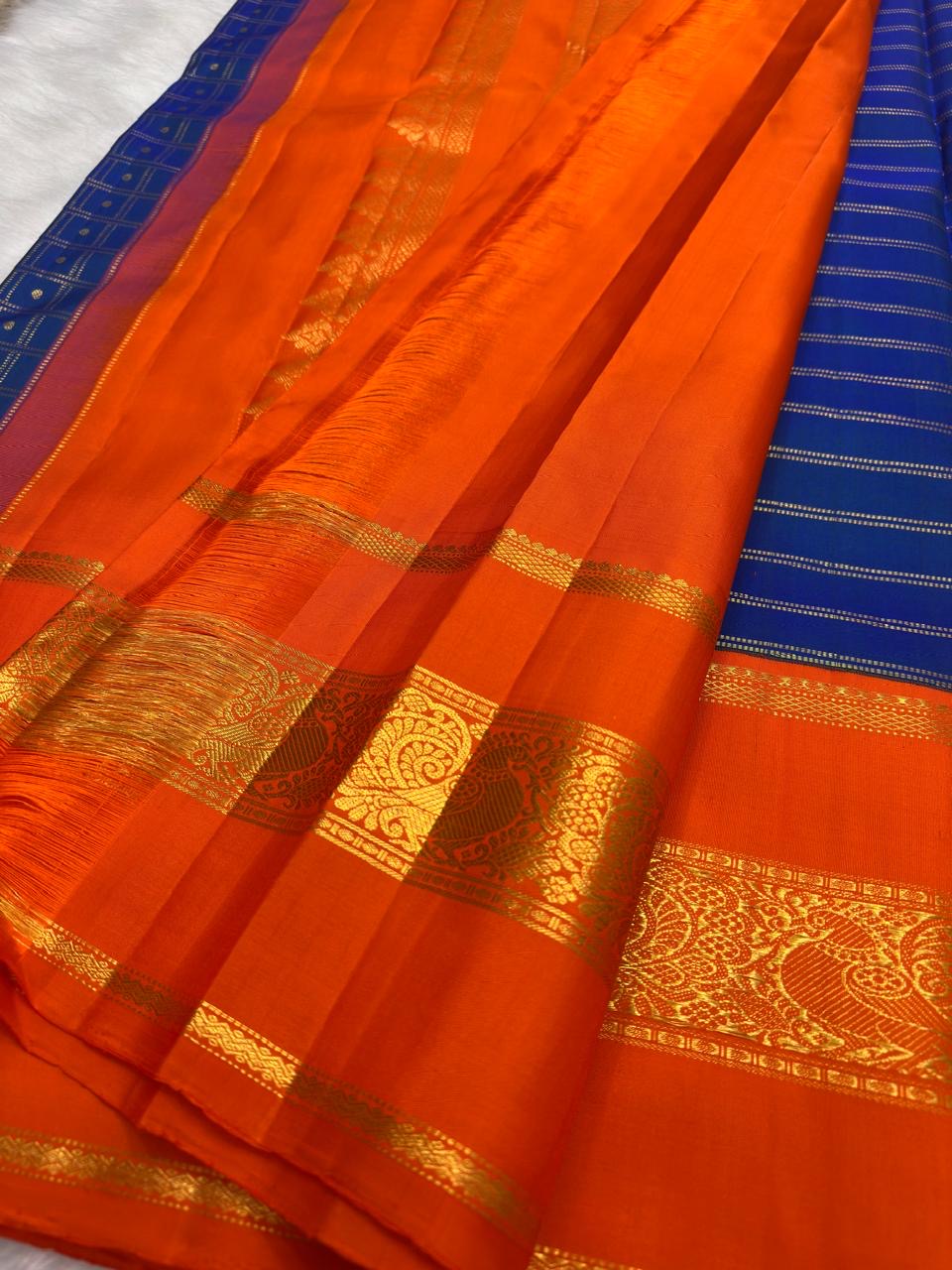 Ms blue orange zari kattam kanchipuram saree – Idam Living Pure Silk Kanchipuram saree