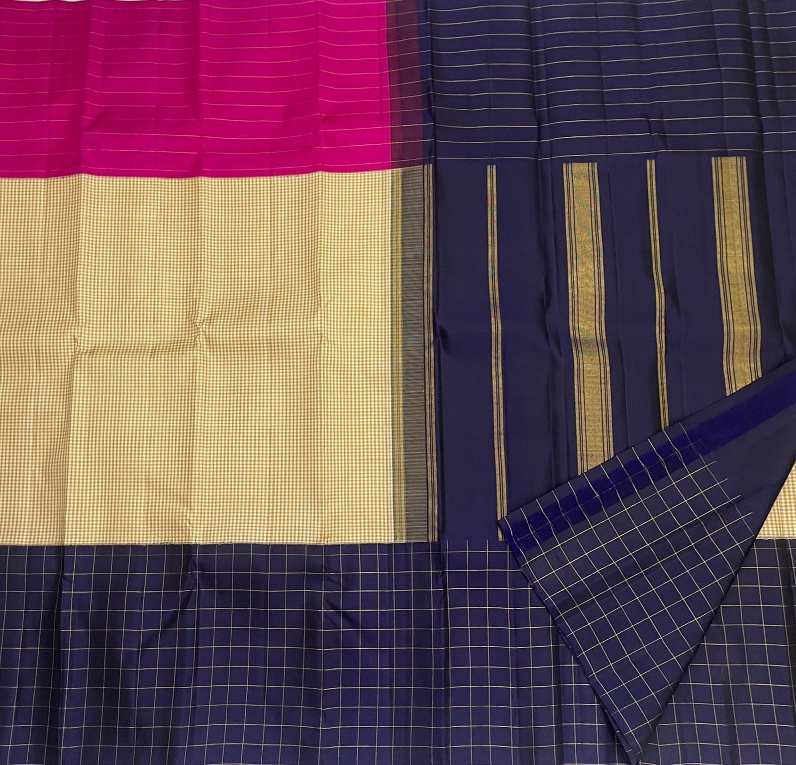 Cream ivory micro-check panel on mubbagam korvai pure silk Kanchipuram saree — Idam Living