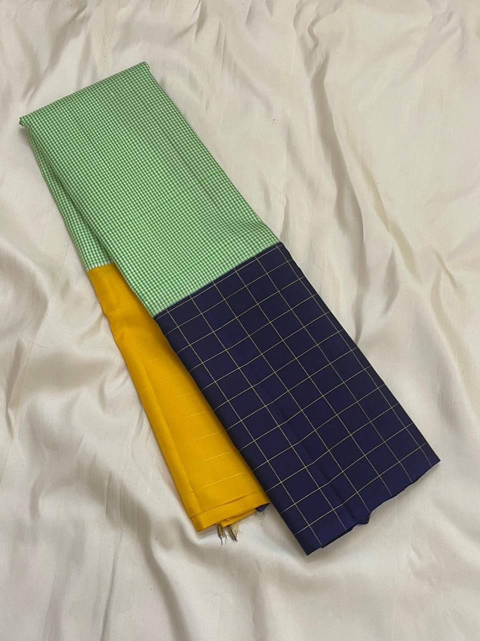 Mint sage green micro-check panel on mubbagam Kanchipuram pure silk saree — Idam Living