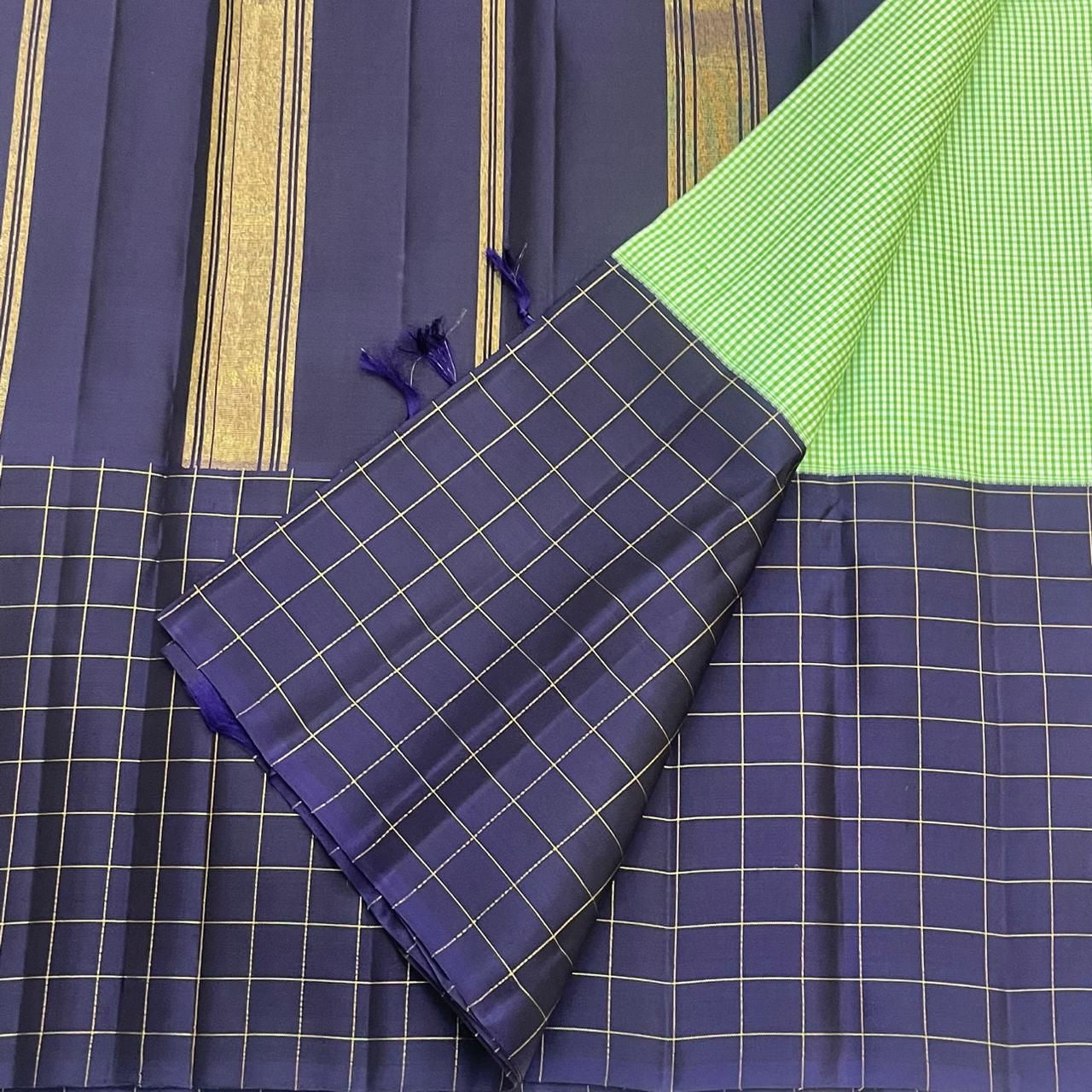 Mustard yellow and navy blue panels on mubbagam korvai Kanchipuram silk saree — Idam Living