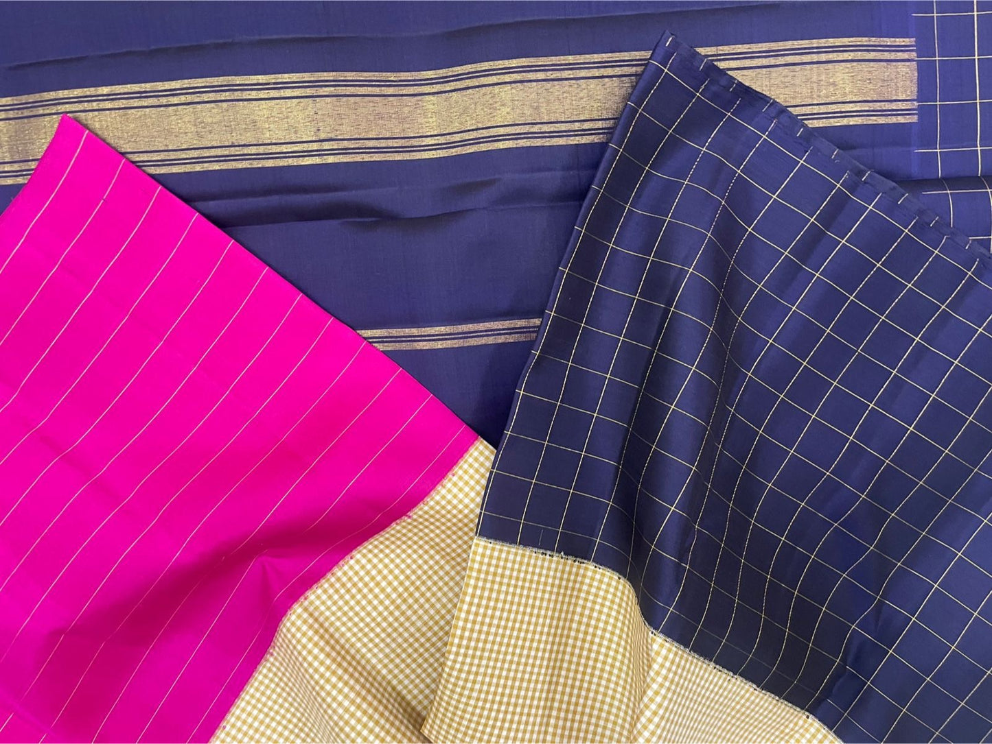 Fuchsia pink seepu reku panel on mubbagam Kanjeevaram korvai Kanchipuram silk saree — Idam Living