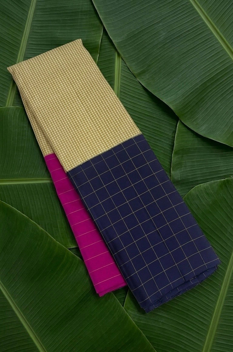 Mubbagam korvai handwoven Kanchipuram pure silk saree in fuchsia pink cream ivory and navy blue three-panel composition — Idam Living
