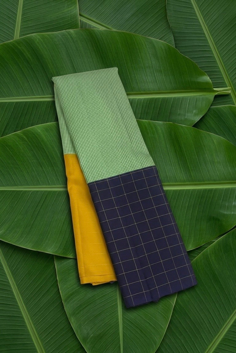 Mubbagam korvai handwoven Kanchipuram pure silk saree in mint green mustard and navy blue three-panel composition — Idam Living