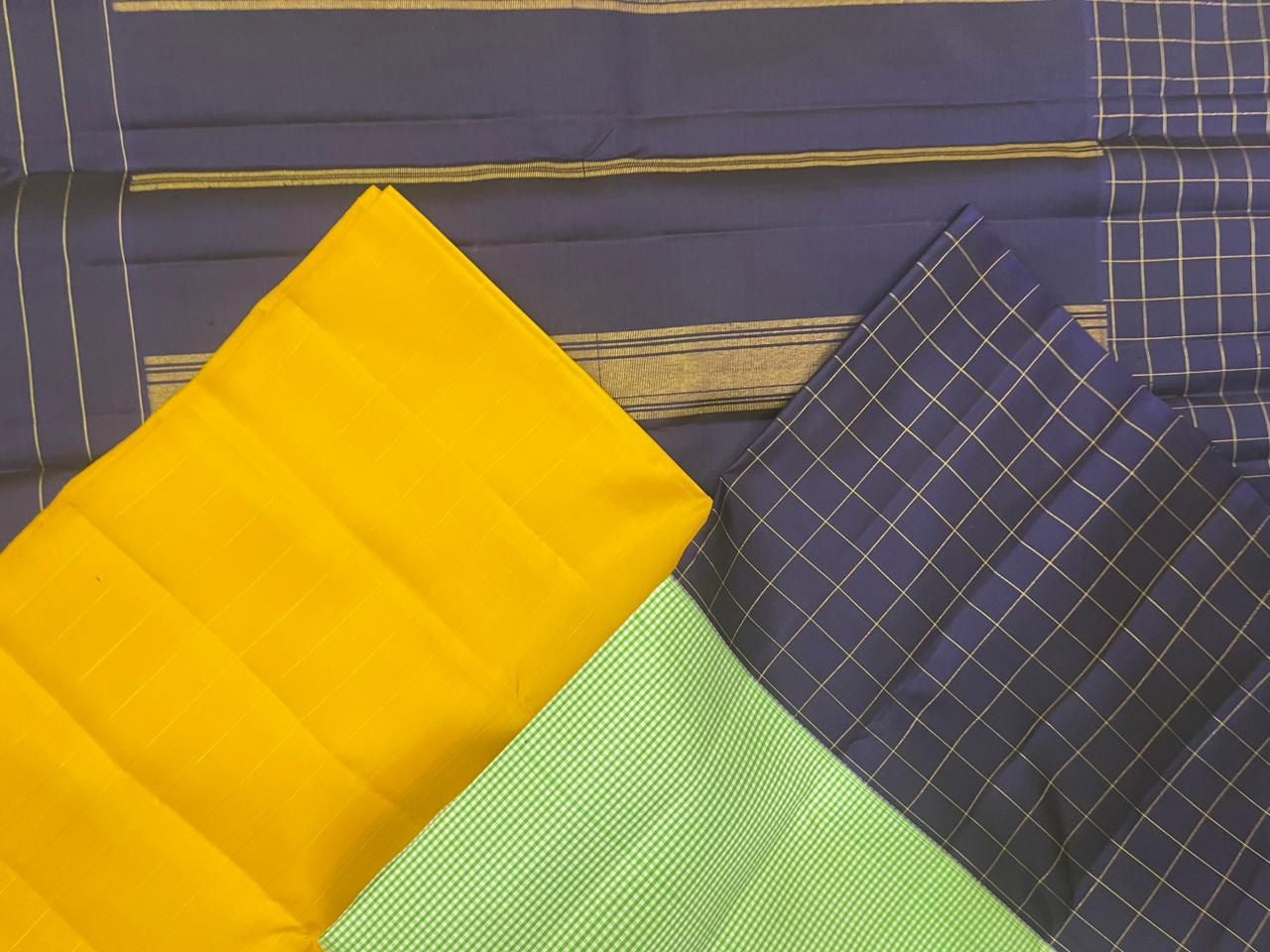 Deep navy blue zari kattam panel on mubbagam korvai pure silk Kanchipuram saree — Idam Living
