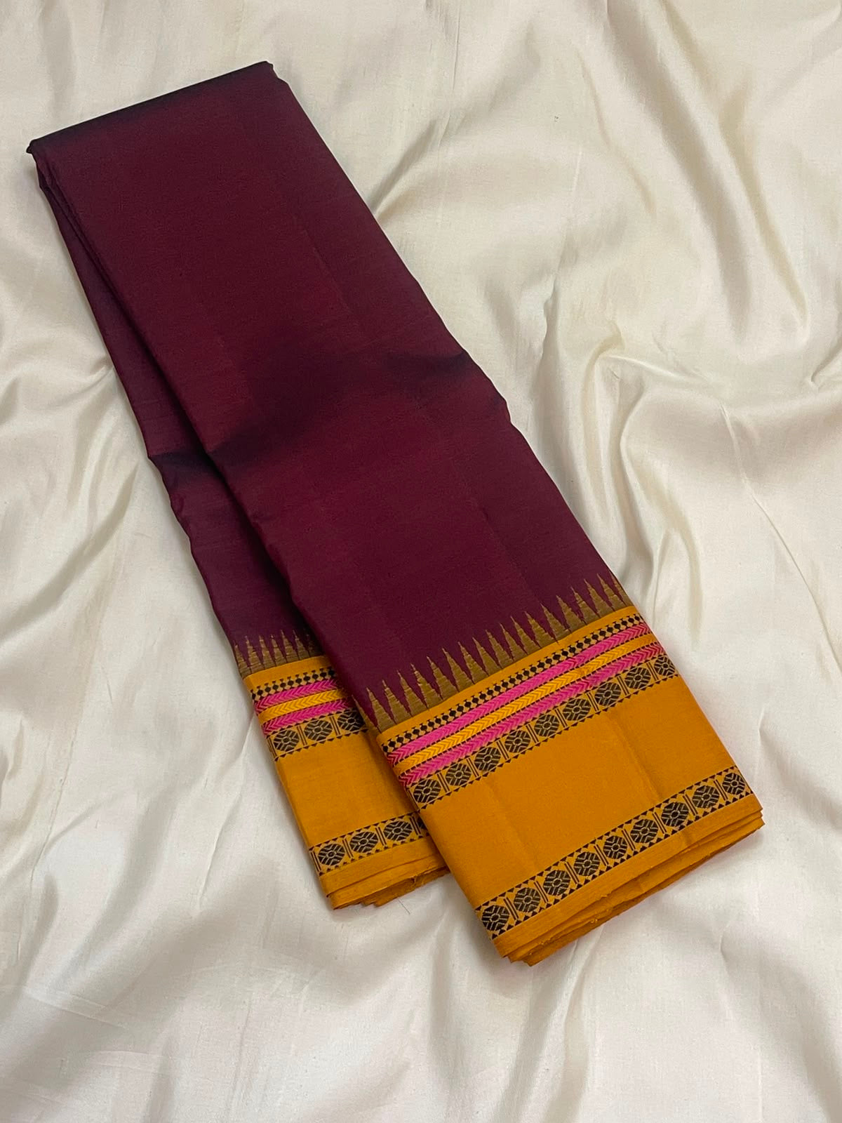 Mulberry Maroon Handwoven Pure Silk Kanchipuram Pattupet Saree with Turmeric Yellow Border