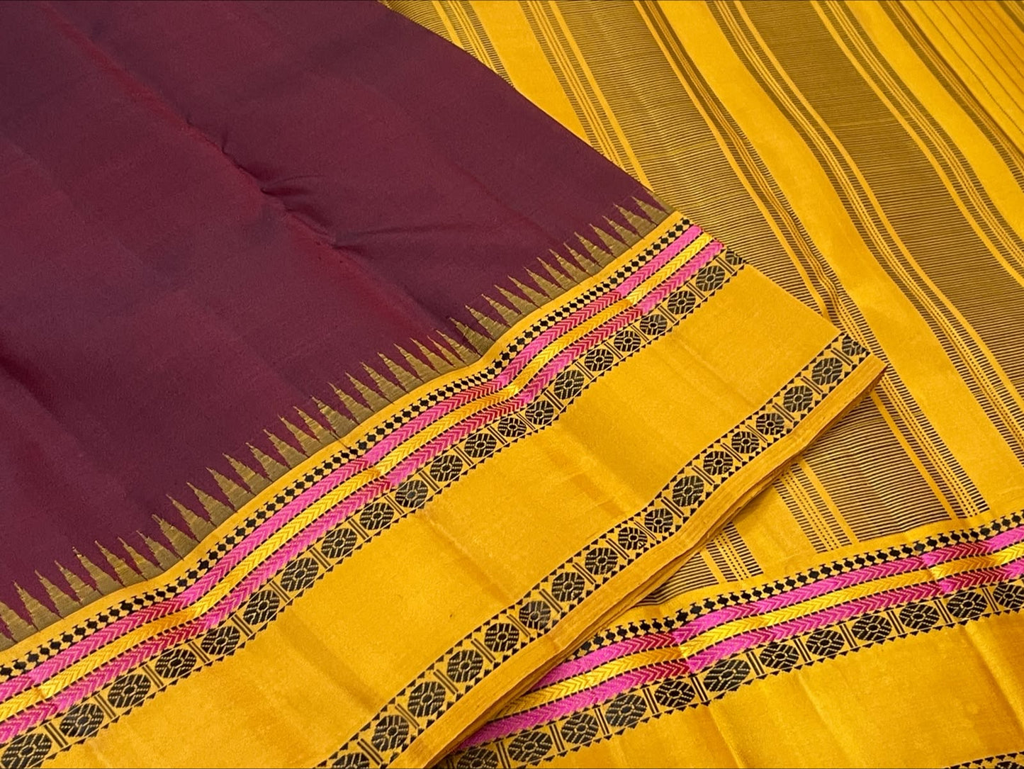 Mulberry Maroon Handwoven Pure Silk Kanchipuram Pattupet Saree with Turmeric Yellow Border