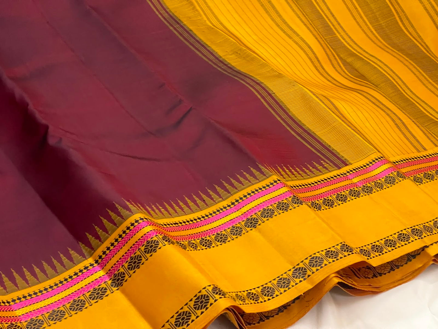 Mulberry Maroon Handwoven Pure Silk Kanchipuram Pattupet Saree with Turmeric Yellow Border