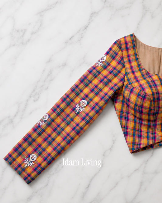 Custom Made Multicolor Checks pure Handwoven  cotton Blouse (Made to Measure)
