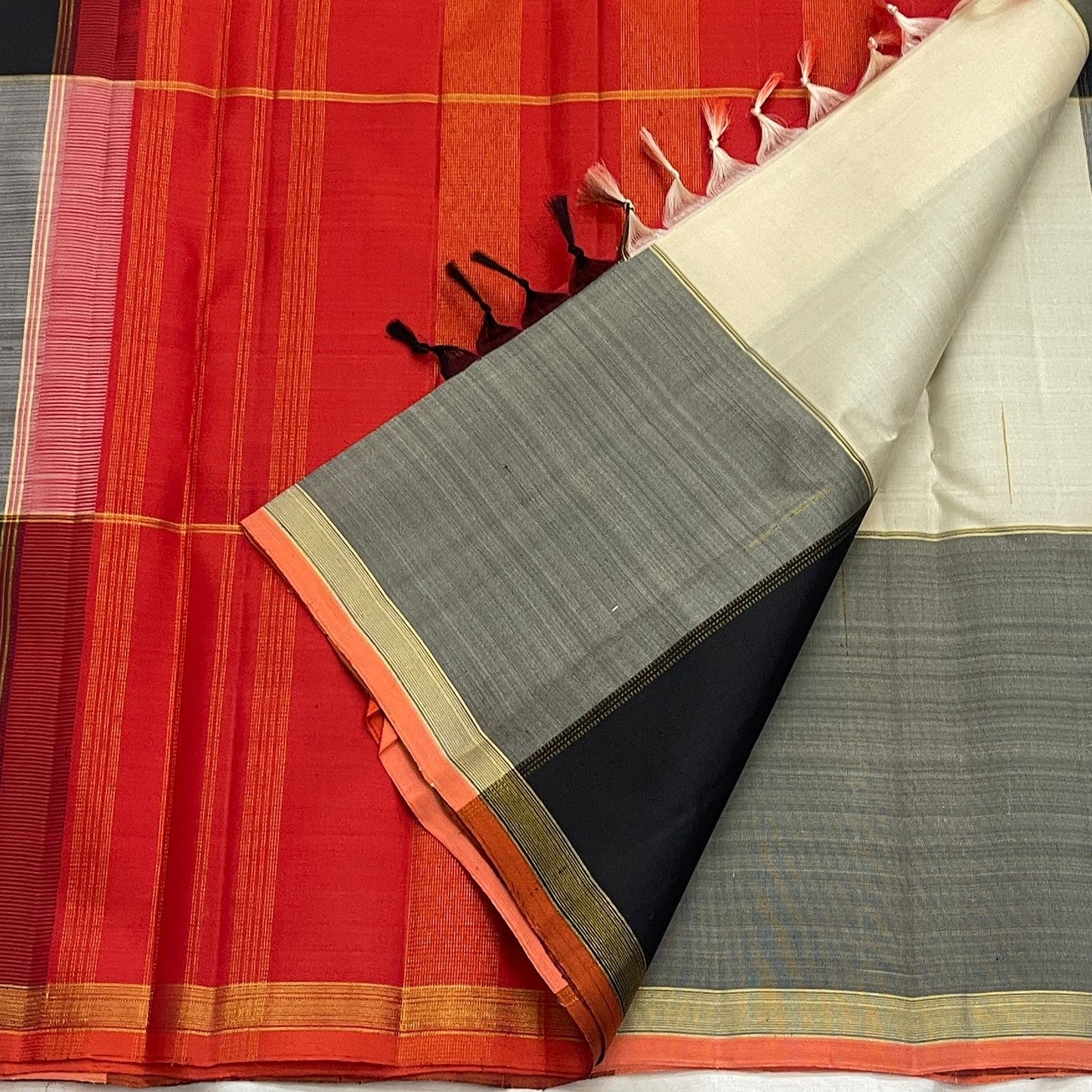 Black Silver Grey and Warm Ivory Handwoven Pure Silk Kanchipuram Paalum Pazhamum Saree