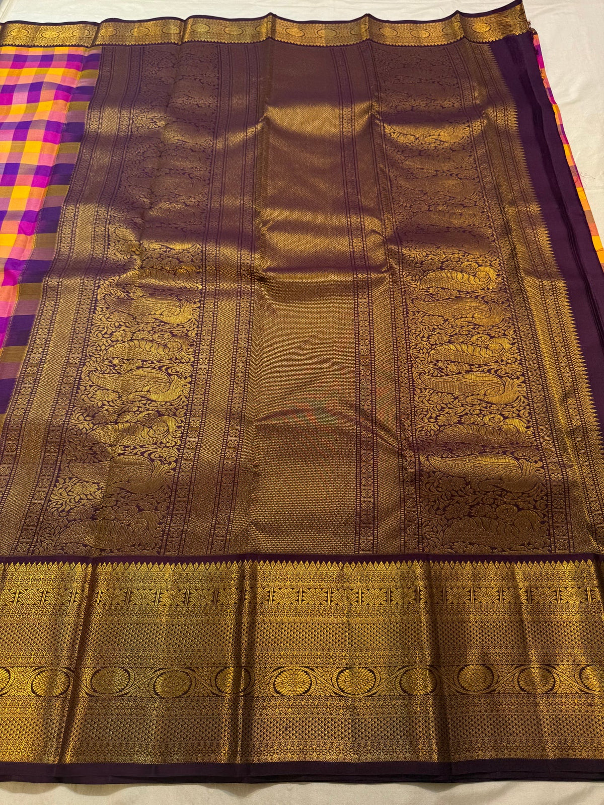 Multicolour Handwoven Pure Silk Kanjivaram Paalum Pazhamum Saree with Aubergine Gold Zari Border