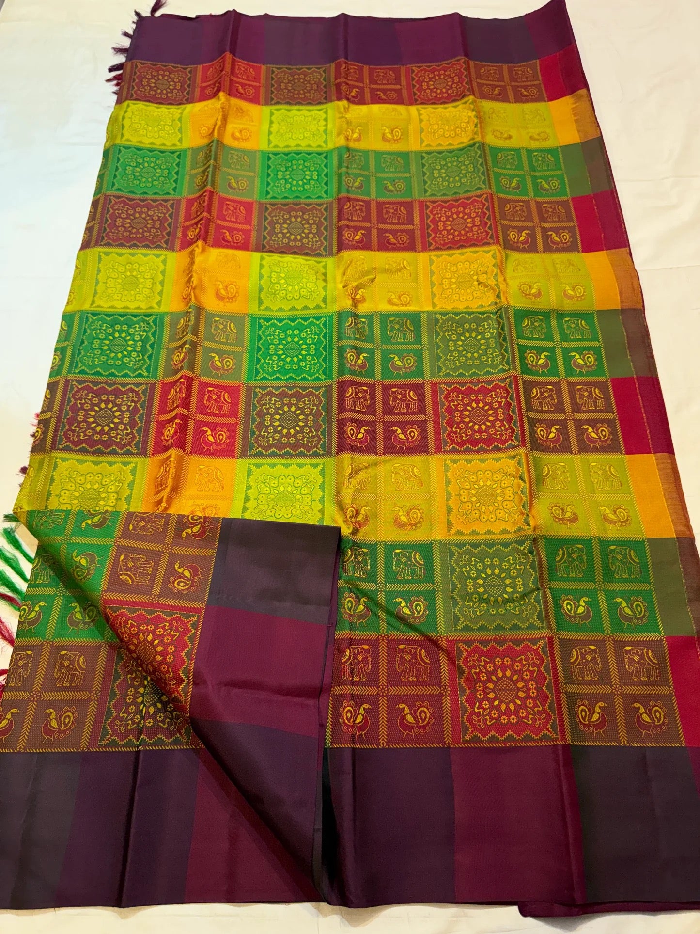 Multicolor Handwoven Pure Silk Kanjivaram Butta Saree with Bomkai Fusion Checks