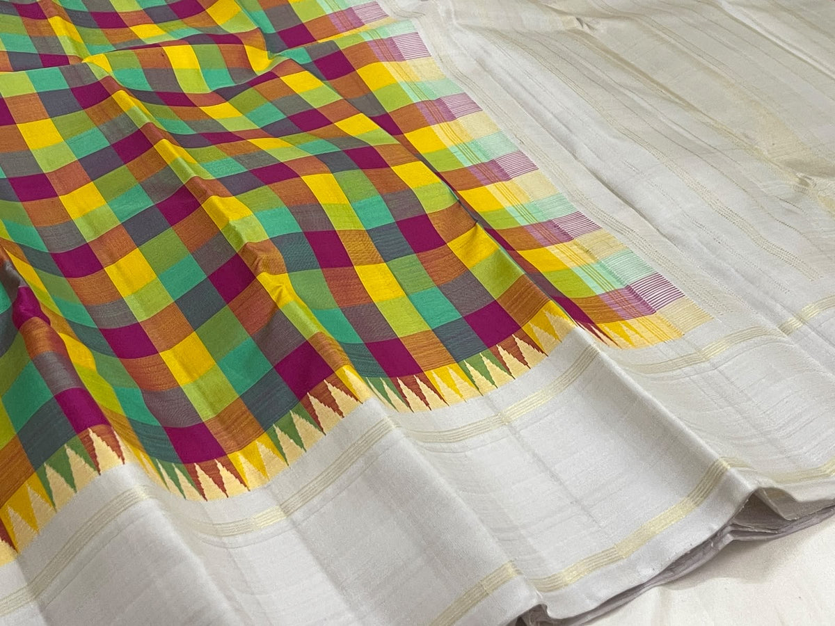 Multicolour Jewel Box Checks Handwoven Pure Silk Kanjeevaram Saree with Ivory Rettapet Border, body and border detail